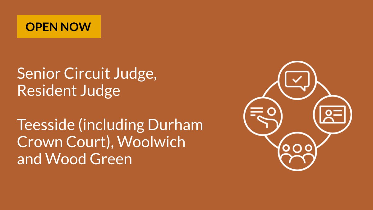 🚨📢OPEN NOW until Tues 14 November at 1pm - Senior Circuit Judge, Resident Judge. ➡️Teesside (including Durham Crown Court), Woolwich and Wood Green. ➡️Great leadership opportunity in each location. ➡️Find out more and apply here: 👇apply.judicialappointments.digital/vacancy/o3gxxS…