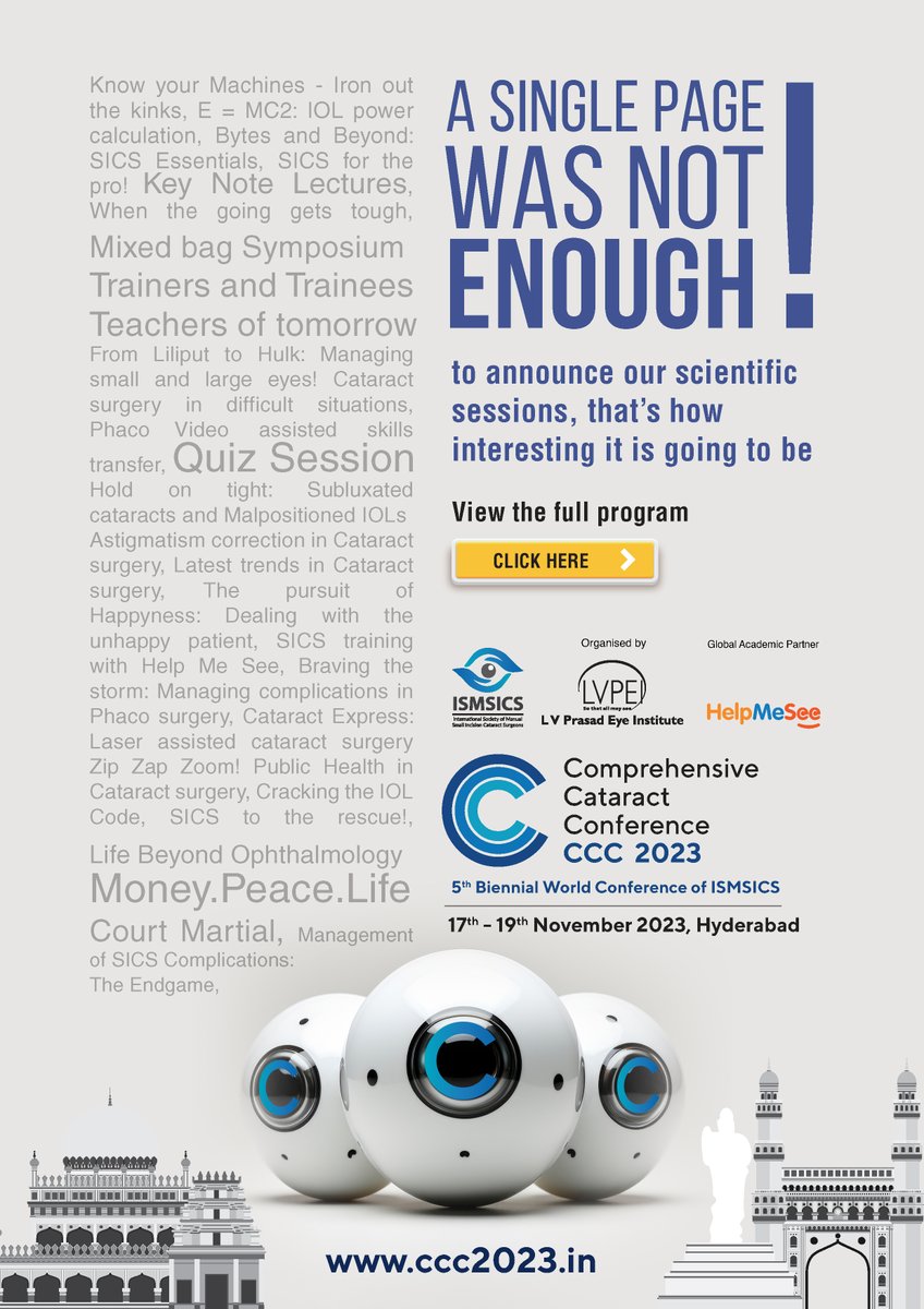 lvprasadeye's tweet photo. Join us at the Comprehensive Cataract Conference (CCC) 2023 on November 17th-19th in Hyderabad!
Where we will explore cutting-edge advancements in cataract research and surgery.

Register here: https://t.co/afFxAiQZvk

#LVPEI #CCC2023 #ISMSICS https://t.co/mENCGuqLD4