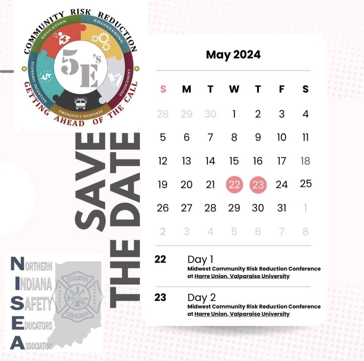NISEA_In's tweet photo. We are excited to announce the 2024 Midwest Community Risk Reduction Conference. 

The Conference will be held May 22nd and May 23rd, 2024 in the Harre Union at Valparaiso University @ValpoU in Valparaiso Indiana. https://t.co/RqlvnXCiO2