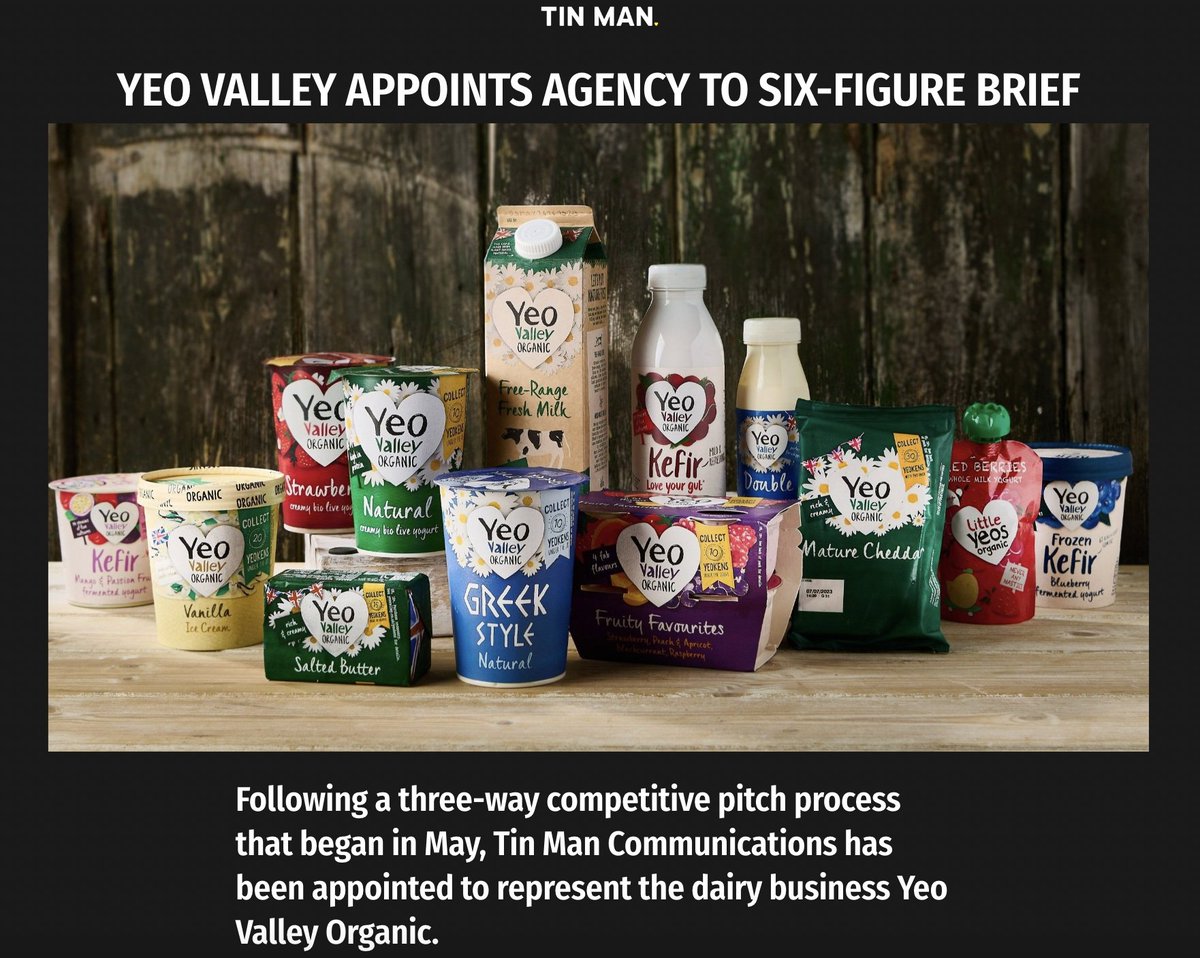 Delighted to announce that <a href="/yeovalley/">Yeo Valley</a> have selected Tin Man as their chosen PR agency. We’re looking forward to working on a series of creative consumer campaigns and an exciting comms programme with the Yeo Valley team, over the coming months. tinmancomms.com/blogs/2023/8/2…