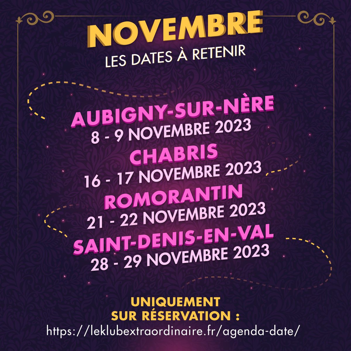📆  Retrouvez en novembre Le Klub Extraordinaire à #AubignySurNère les 9 et 10, 
#Chabris les 16 et 17
#Romorantin les 21 et 22
#SaintDenisEnVal les 28 et 29  

 ➡ swll.to/0HAbe

#Klubextraordinaire #experienceimmersive  <a href="/RCValdeLoire/">Région Centre-Val de Loire</a> <a href="/orientationcvl/">Orientation Formation Emploi Centre-Val de Loire</a> #yeps