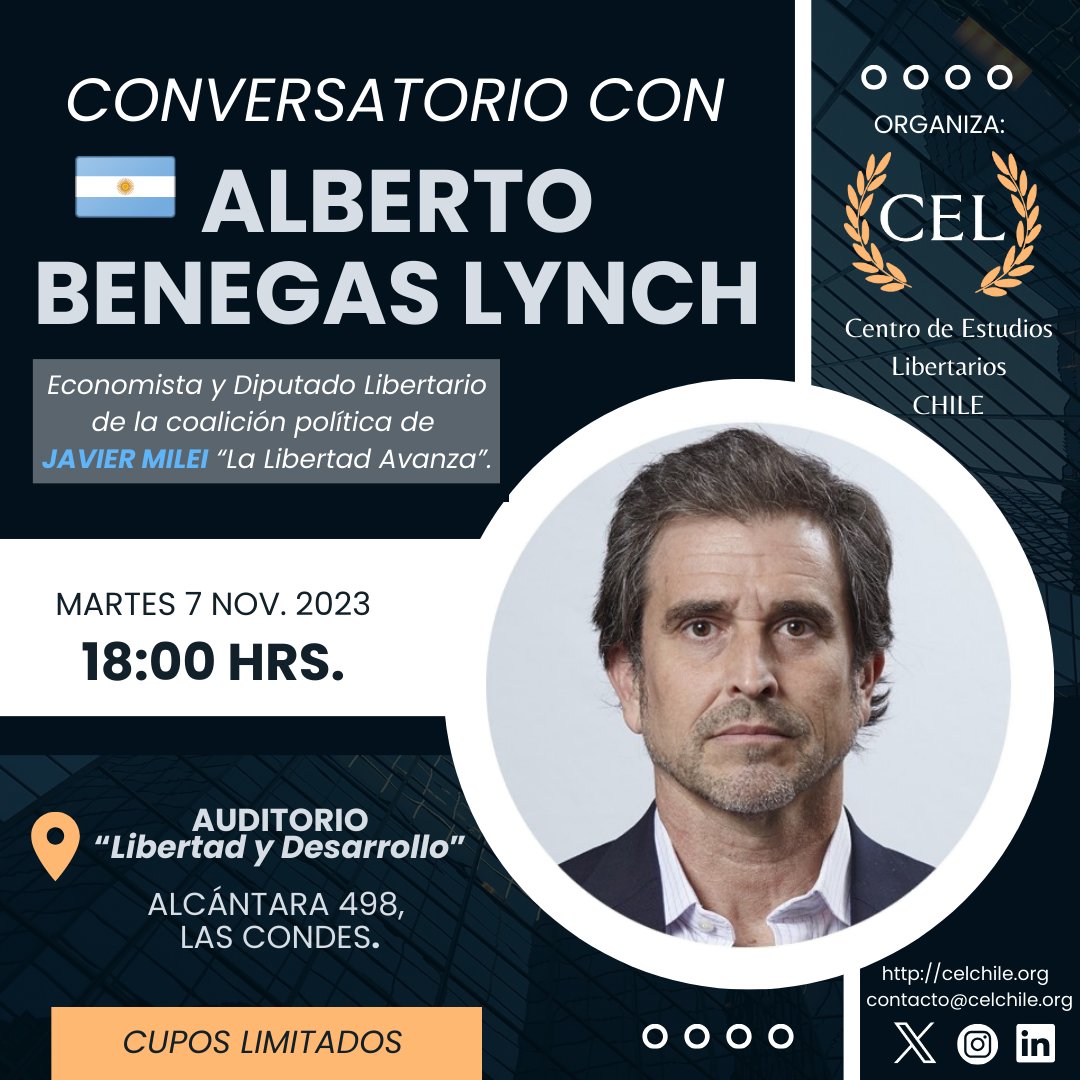 CEL_Chile's tweet image. Conversatorio con Alberto "Bertie" Benegas Lynch.
Martes 28/11/23
18:00 hrs.
Inscríbete en: alberto-benegas-lynch.eventbrite.com