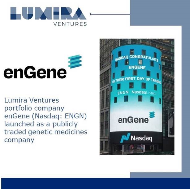 Lumira Ventures (@lumiraventures) on Twitter photo Congratulations to portfolio company, enGene (Nasdaq:ENGN) on the debut as a publicly traded genetic medicines company!
Learn more: bit.ly/3MmBffC Congratulations to portfolio company, enGene (Nasdaq:ENGN) on the debut as a publicly traded genetic medicines company!
Learn more: bit.ly/3MmBffC