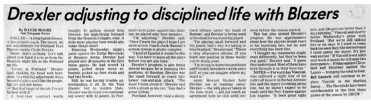 77Blazers's tweet photo. Nov 2 1983 - Rookie #ClydeDrexler came off the bench to score 14 pts but @trailblazers fall on road to @dallasmavs, led by #MarkAguire w/27 pts.
#JimPaxson scored 23 pts & #MychalThompson added 21 w/10 rebs. #JeffLamp added 19 off the bench too
#RipCity #DrexlerRookieYear https://t.co/hetMmwXXhX