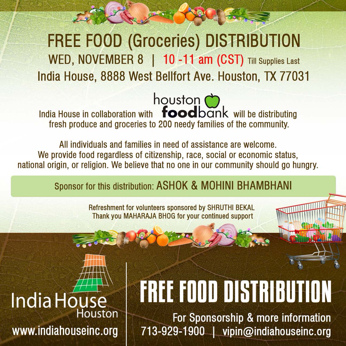 Be ready for the upcoming Free Food Distribution at India House. This one will be in the morning time. Stay tuned: indiahouseinc.org/community-supp…

#foodbank #houstontx #NGO #nonprofit #Nonprofits #Food #charity #CharityHour