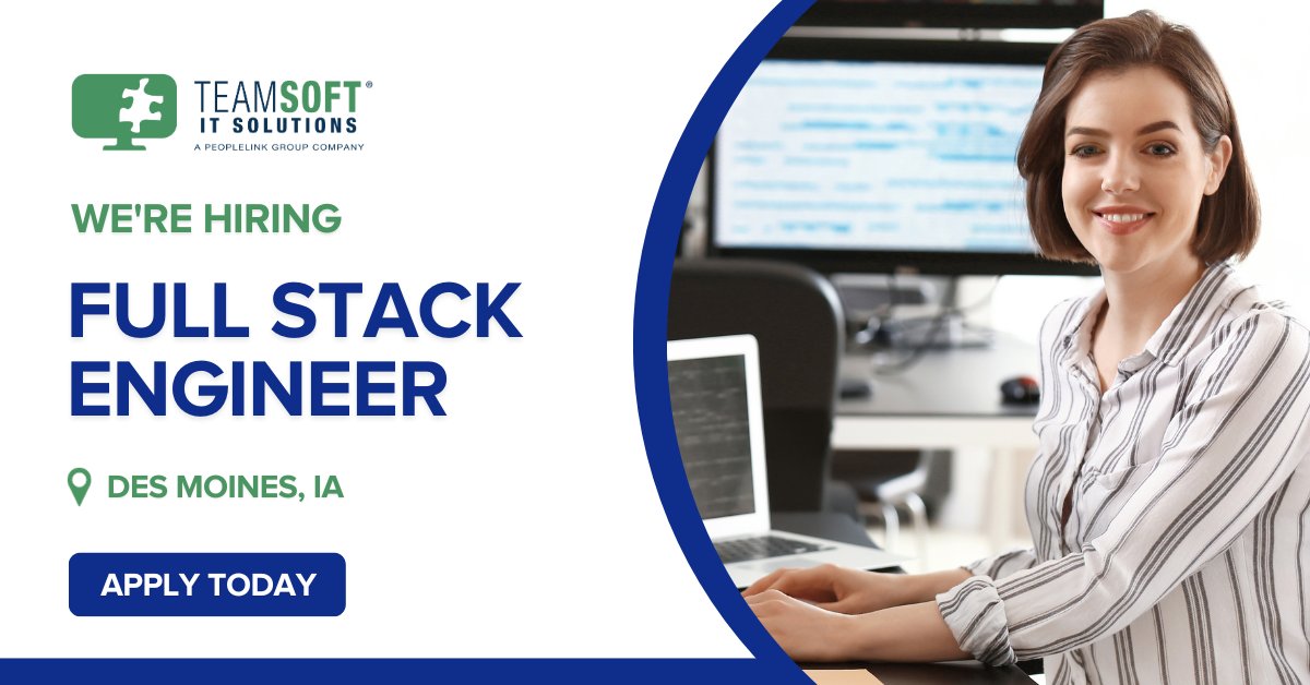TeamSoft_Inc's tweet image. Our client is hiring a Full Stack Engineer to join their team in Des Moines, IA, in a contract-to-hire role. Interested in learning more? Click for the full job details and to apply today. ow.ly/ww6U50Q3yvW

#TeamSoft #FullStackEngineer #ContractToHire #TechCareer