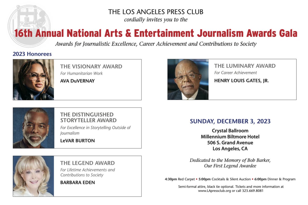 LAPressClub's tweet photo. Congratulations, finalists! 
See the LIST: https://t.co/uZc3qnw6t2
Join us for the NAEJ Awards Gala on Dec. 3 as we come together to celebrate the best of arts &amp; entertainment journalism nationwide. 
Q info@lapressclub.org. https://t.co/NcLDD0Vb14