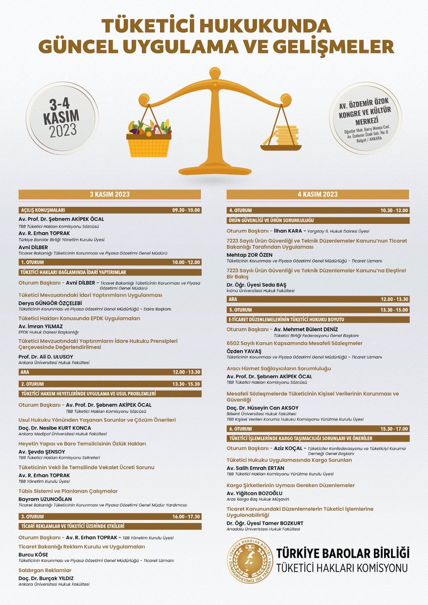 3 Kasım Cuma saat 09:30-17:30 , 4 Kasım Cumartesi saat 10:30-17:00 aralığında TBB Av. Özdemir Özok Kongre ve Kültür Merkezinde Tüketici Hukukunda Güncel Uygulama ve Gelişmeler Sempozyumu gerçekleştirilecektir. Tüm meslektaşlarımızı ve paydaşlarımızı bekliyoruz. #tüketici #tbb
