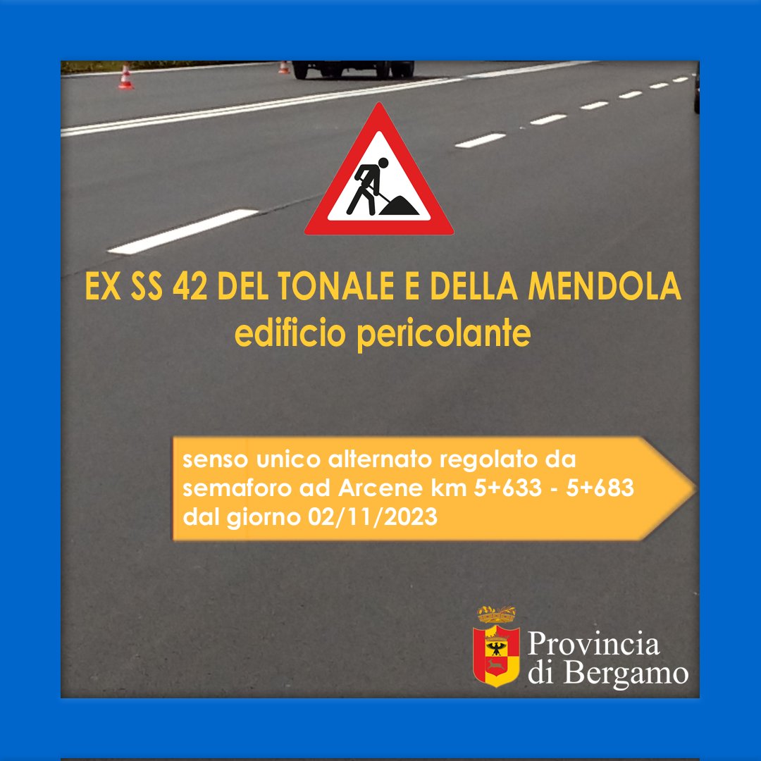 provinciaBg's tweet photo. ‼⚠ A seguito di segnalazione da parte dei Vigili del fuoco di Bergamo relativamente ad un edificio storico pericolante, da oggi senso unico alternato nel tratto compreso tra i km 5+633 – 5+683 lungo la ex statale 42 "Del Tonale e Della Mendola" nel territorio di #Arcene. https://t.co/VAwjCzblRE