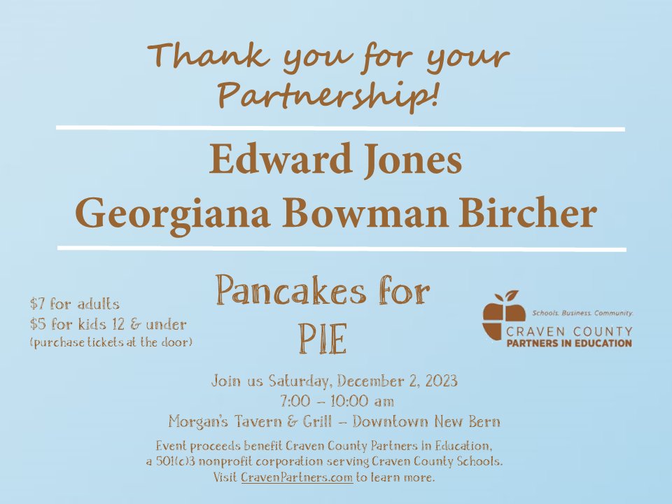 As a sponsor, Edward Jones Financial Advisor Georgiana Bowman's contribution is vital to continuing our essential work of supporting our teachers &amp; students in Craven County. Because of our #GoodPartners, PIE successfully funds over $400,000 annually in grants &amp; programs!