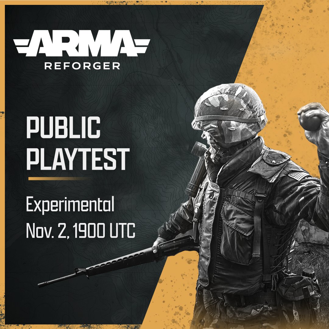 ArmaPlatform's tweet photo. It's time for another public playtest on the latest Experimental update! Fight with the community and developers on Everon today on one of two servers being played. ⚔️

📅 Nov. 2, 1900 UTC
🖥️ Conflict Full - 13481319 (US-LA)
🖥️ Conflict Full - 2271 (EU-FFM) https://t.co/4blU9fNsUA