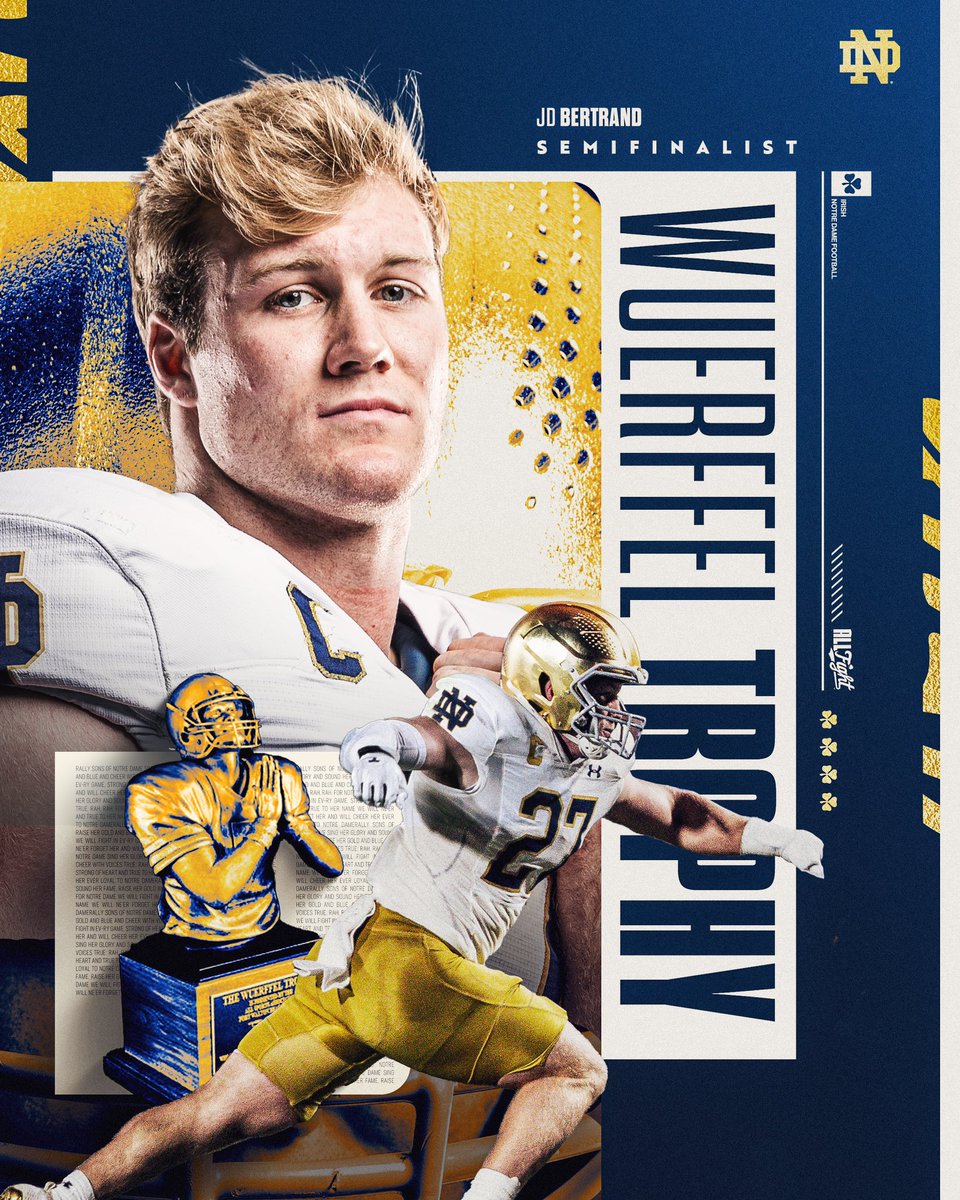 2️⃣7️⃣

JD Bertrand is a semifinalist for the Wuerffel Trophy, college football’s premier award for community service.

#GoIrish☘️
