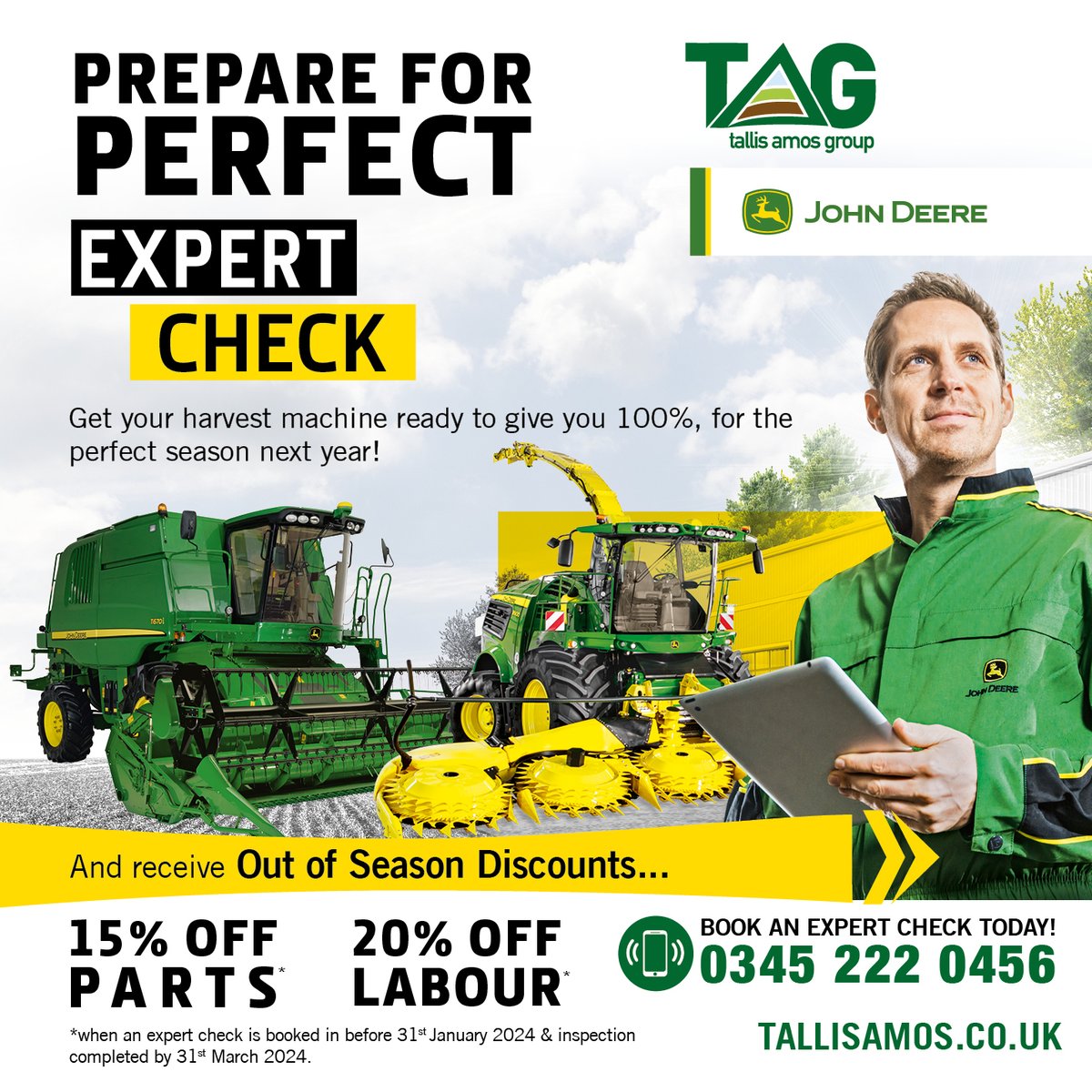 ⛑️🛠️ EXPERT CHECK 🛠️⛑️
Prepare for the perfect season next year with an #EXPERTCHECK of your harvest machine:
✅Combine  ✅Forager  ✅Baler ✅Mower
Plus..receive💥15%OFF PARTS 💥20%OFF LABOUR on any servicing or repairs*

BOOK IN TODAY!
📲0345 222 0456 

@JohnDeere #winterchecks