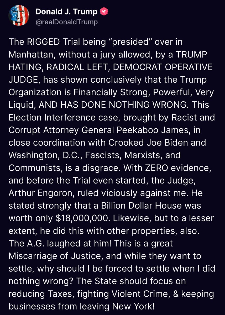 Trump is lying to you in this post.

1. His legal team elected to have a bench trial.

2. The judge ruled as was expected. The trial now is to decide the penalty he faces not if he is guilty or not. That has already been decided.

3. The judge did not say MAL was worth $18m. He
