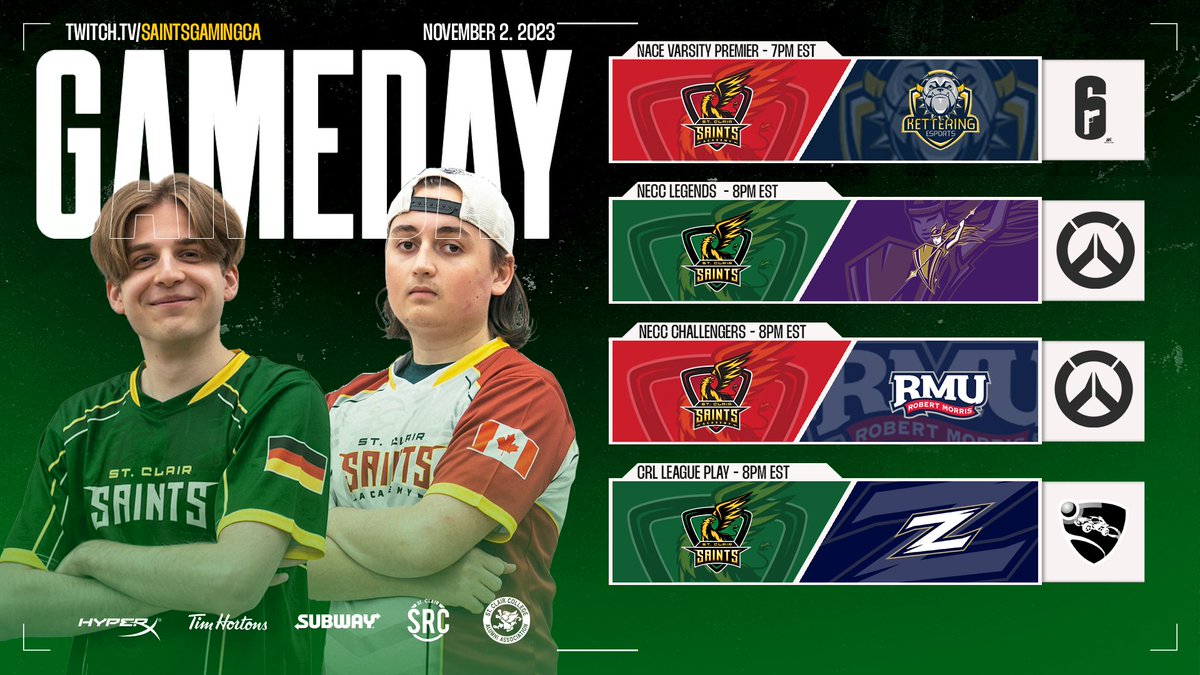 First Gameday of November! 

👉 #SaintsR6, #SaintsOW and #SaintsRL 
⏰7PM EST
📺twitch.tv/saintsgamingca