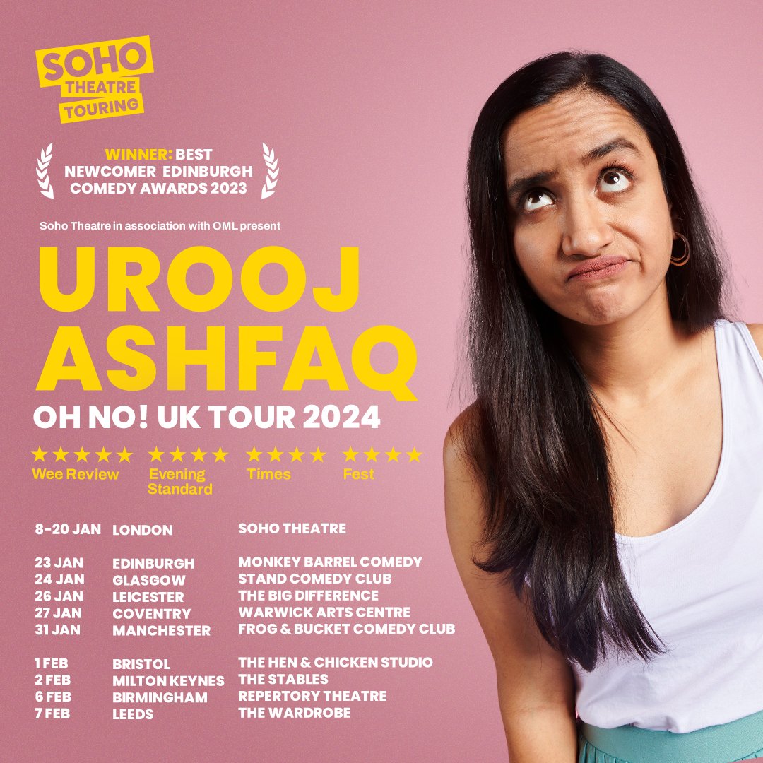 Our gal is going on tour 🙌🎉 @ComedyAwards winner @UroojAshfaq12 is heading out on her first ever UK tour and you best bet she's coming to a venue near you 👀 🎟️👇 sohotheatre.com/events/urooj-a… @BarrelComedy @StandComedyClub @BigDiff_Venue @warwickarts @frogandbucket @BirminghamRep