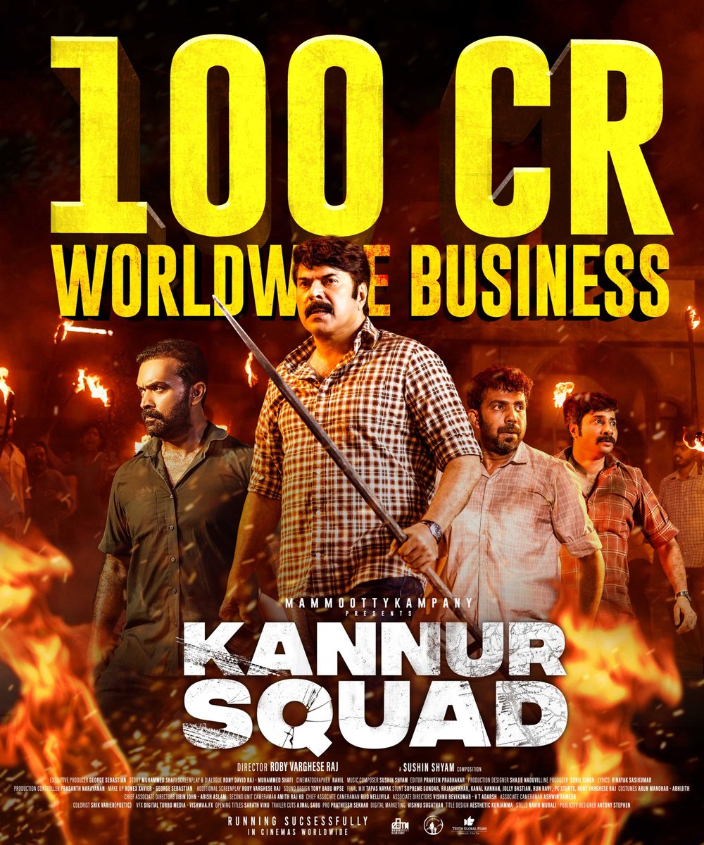 We're ecstatic to announce that our Kannur squad has crossed the 100 Crores milestone in terms of worldwide business! Heartfelt thanks to our amazing audience for your unwavering support, which has been the true driving force behind this historic success. Here's to more