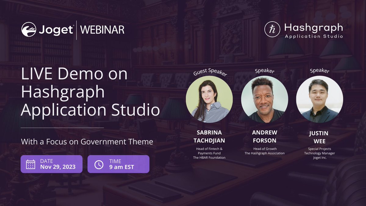 Join us in the #Hashgraph Application Studio, Nov Webinar with a Government theme. 📅 Nov 29 at 9 AM EST. Thrilled to have <a href="/tsakoog/">Sabrina</a> from <a href="/HBAR_foundation/">@HederaFndn</a> share insights on #Hedera #DLT, along with experts Justin Wee &amp; <a href="/Forson/">Andrew Forson</a> from <a href="/The_Hashgraph/">The Hashgraph Association</a>. Register buff.ly/45RGVoN