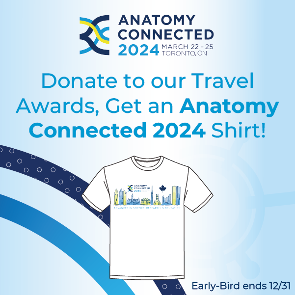 NEW this YEAR! Grab your limited edition Anatomy Connected 2024 T-shirt by donating to our Travel Awards Program! Learn more: ow.ly/eyzw50Q39YU #Anatomy24 #AnatomyConnected24 #AnatomyConnected #anatomy #science #research #education #AmericanAssociationForAnatomy #AAA