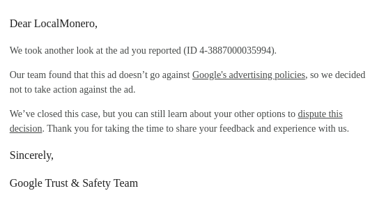 Unfortunately, <a href="/GoogleAds/">Google Ads</a> decided not to act on on our initial report. We submitted another report and <a href="/GoogleAds/">Google Ads</a> decided to keep the link up again. 

Please help us convince them to take it down by reporting it as phishing 👇
support.google.com/adwords/troubl…