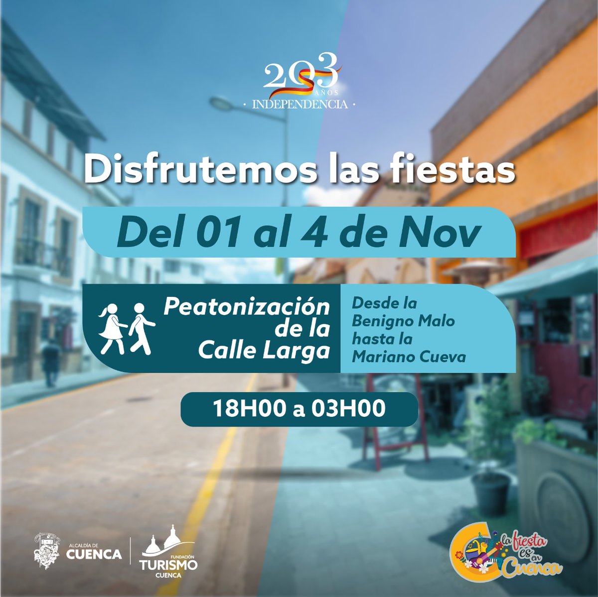Visit_CuencaEC's tweet photo. 🗞️#CuencaInforma | Peatonización de la Calle Larga
A partir de las 18:00 la Calle Larga se disfruta caminando 😉 desde la Benigno Malo hasta la Mariano Cueva ‼️ Pilas ‼️
Disfrutemos del feriado !!
#cuencasiempreteespera
#cuencaestutrip https://t.co/BQAowX0j88