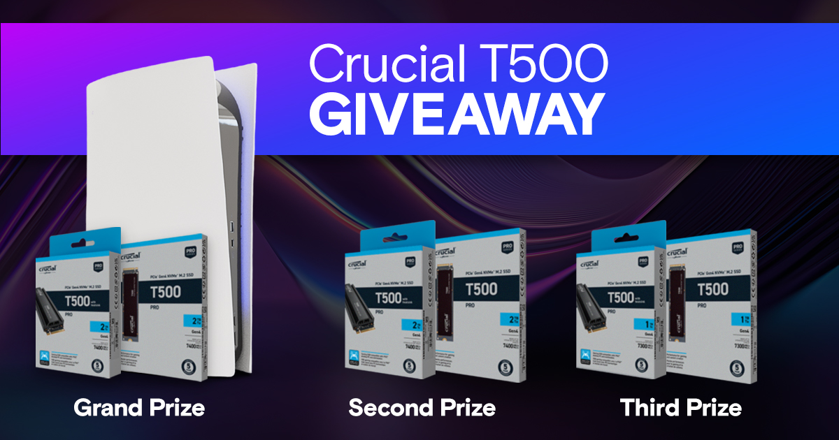 🚨Giveaway Alert🚨 In celebration of our latest launch, we're giving away T500 SSDs to 3 lucky participants. Who knows, you might even win a PS5, too🎉​ Enter now 👉 geni.us/crucialt500gvwy T's&C's apply. Twitter is not affiliated with this giveaway.
