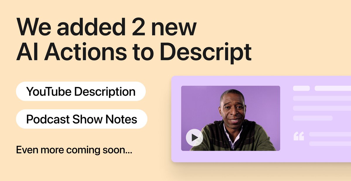 descript's tweet photo. Last week you met AI Actions. That was just a taste of how AI can ease the grind of editing &amp; the annoyance of juggling tools ⚡️

Today we dropped 2 more. You can now instantly generate Podcast Show Notes and YouTube Descriptions, right in Descript.

https://t.co/J9J5EZBUCr https://t.co/KXAYktQc0R