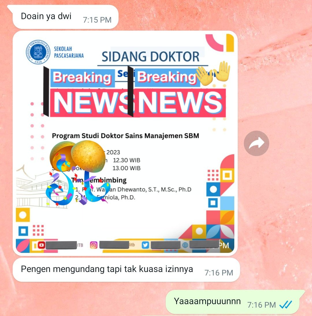 dwidlestarii's tweet photo. Kalo ini secuil chat random sama my very first ex-bos yg tetiba malah ngabarin akan sidang doktoral 👍 https://t.co/EuTdnKMZi0