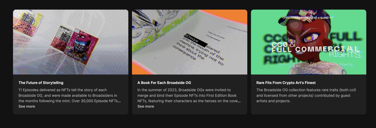 Collection pages are the new home of your favorite NFT collections on OpenSea. Link out to press, awards, or other helpful info, just like @BroadsideNFT did!

Check it out: opensea.io/collection/bro…
