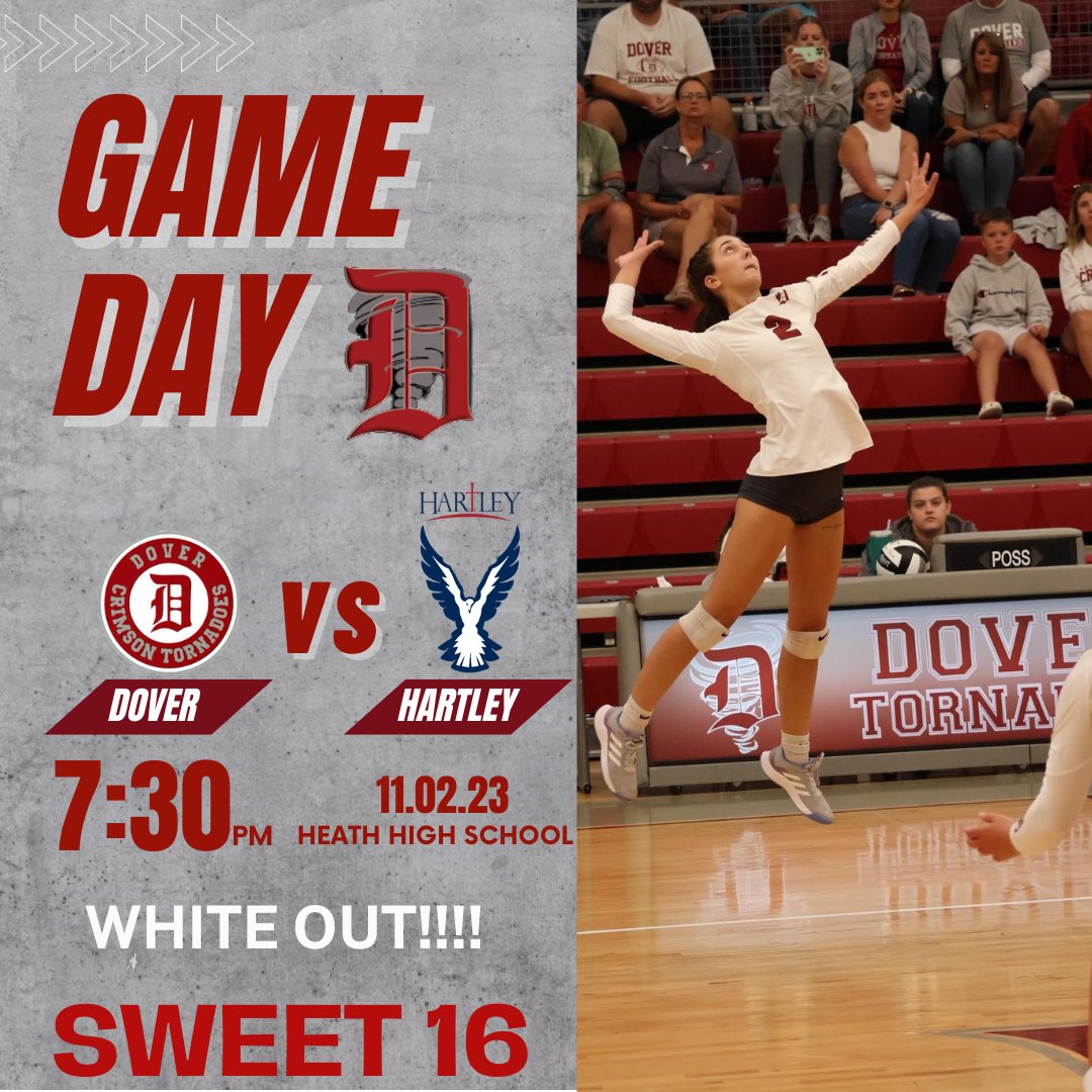 Dover High School Volleyball (@doverhs_vb) on Twitter photo Today’s the day!!! Big gameday tonight at Heath High School against Bishop Hartley!!! We are playing in the Sweet 16 🥳 Gametime is around 7:30pm!!! Let’s get it done!! 🏐🌪️💪🏽 White out!!! ⚪️⚪️⚪️  #wearedover #alltogether Today’s the day!!! Big gameday tonight at Heath High School against Bishop Hartley!!! We are playing in the Sweet 16 🥳 Gametime is around 7:30pm!!! Let’s get it done!! 🏐🌪️💪🏽 White out!!! ⚪️⚪️⚪️  #wearedover #alltogether