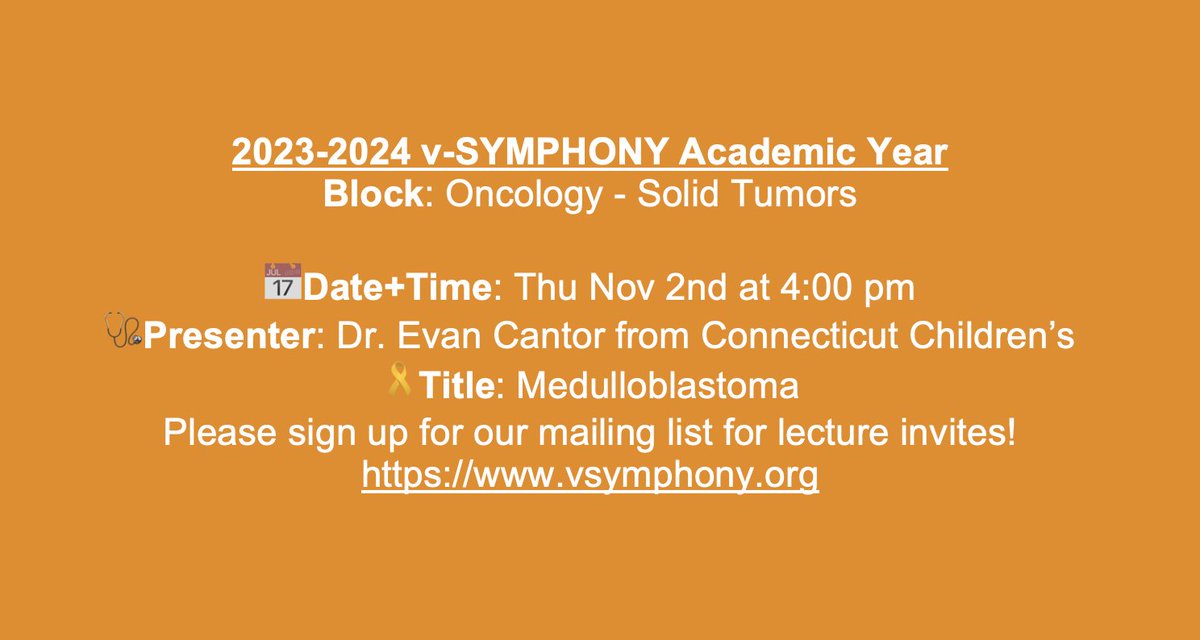 We are 🔙🔛 for tonight! Please join us at 4PM for a lecture in pediatric medulloblastoma by Dr. <a href="/EvanCantor/">Evan Cantor</a> 🧠🤓 See you tonight 👋🏽

#PHO #PHODocs #pediatriconcology #pediatriconcologist #pediatrichematology #pediatrichematologist #pediatrichematologyoncology #vsymphony
