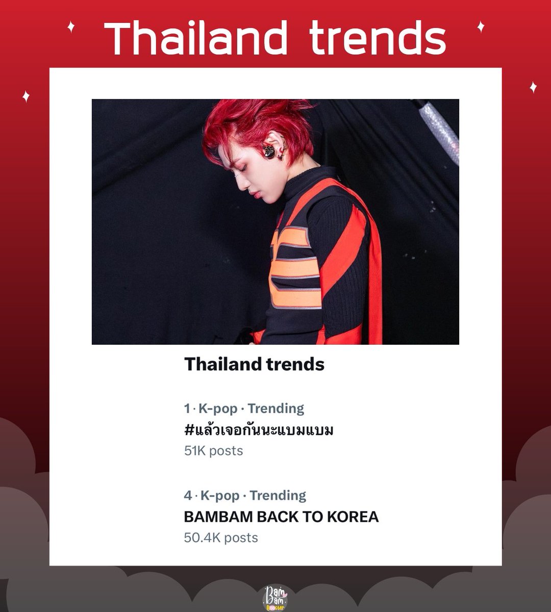 231102 | 23:06 PM ICT

Thailand trends 🇹🇭 

1 • #แล้วเจอกันนะแบมแบม
      51K Posts

4 • BAMBAM BACK TO KOREA
       50.4K Posts

#BamBamAREA52inBKK
#BamBam_TOUR_AREA52
#AREA52
#BamBam #뱀뱀
<a href="/BamBam1A/">BamBam</a> @BAMBAMxABYSS