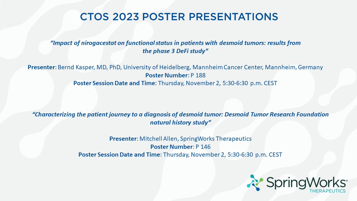 We are excited to have two presentations at #CTOS2023. The first will include patient-reported outcomes data from the Phase 3 DeFi study and the other will feature #DesmoidTumor registry data, which was done in collaboration with @DTRFoundation. Details below.