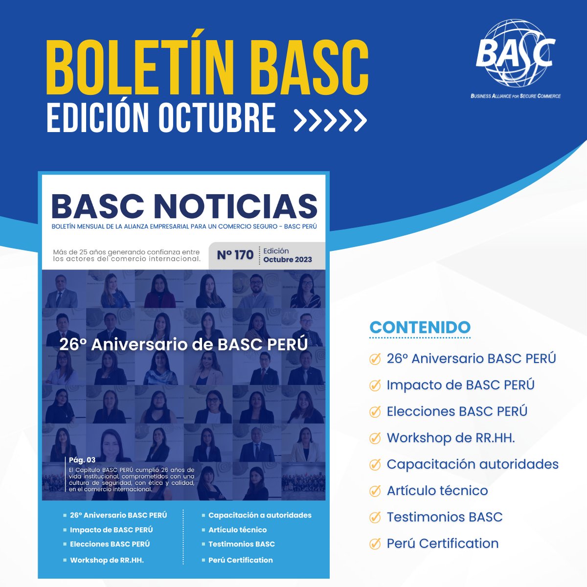 basc_peru's tweet photo. Accede a nuestro boletín de octubre y conoce todos los eventos y actividades realizadas por BASC PERÚ, además de nuestro 26° aniversario de vida institucional.

👉🏽 Encuéntralo en nuestra web: https://t.co/1paWwQYB0d https://t.co/16OkCVeNs6