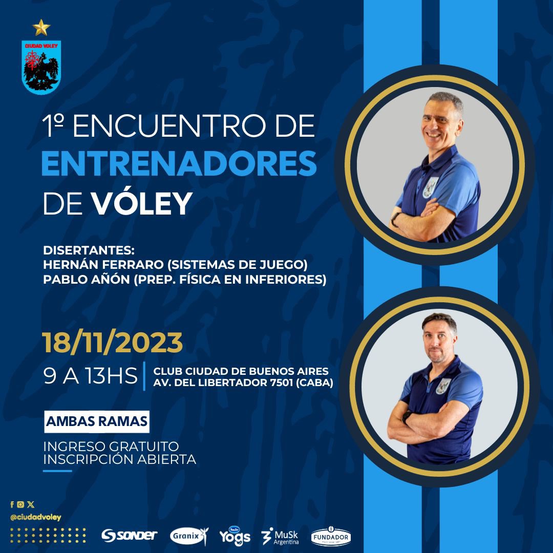 1º Encuentro de Entrenadores de Vóley organizado por el Club Ciudad de Buenos Aires.

🎙️ Hernán Ferraro y Pablo Añón
🗓️ 18 de noviembre
⏰ 9 a 13hs.
➡️ Para entrenadores/as de ambas ramas
🎟️ Ingreso gratuito
📍 Club Ciudad

Inscripción: bit.ly/40j2AoI

#VamosMuni