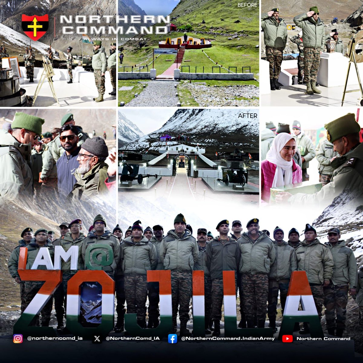 NorthernComd_IA's tweet photo. PLATINUM JUBILEE - BATTLE OF ZOJILA

#IndianArmy commemorated the Platinum Jubilee of the #OperationBison at #Zojila War Memorial, Gumri, Dras. Homage was paid to the bravehearts, who made the supreme sacrifice. 

In a tribute to the gallant soldiers, existing #WarMemorial was revamped by placing of a bust of Gen KS Thimayya, a T-55 tank, a 75/24 Howitzer Gun and a 3.7 inch Gun.

#LestWeForgetIndia 
#PrideofLadakh
@firefurycorps 
@ChinarcorpsIA 
@prodefencejammu