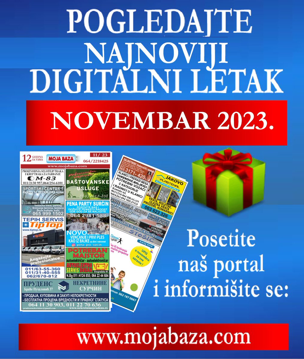 mojabaza's tweet photo. 🎉Budite uvek najbolje informisani!
😂Moja baza najnoviji elektronski katalog 😂 sa oglasima za novembar
😂 možete pogledati na našem poslovnom portalu:
https://t.co/SMSlmy9wpx
#srbija #oglasi #oglasavanje #letak #oglasnik #marketing #agencija #najnovije #utrendu #marketingplan https://t.co/q6pu0rCmRe