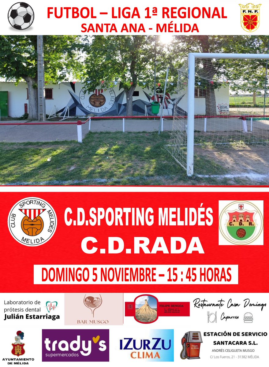 🚨🚨PARTIDO DE LIGA🚨🚨

📅 Domingo 5 Noviembre
🕖 15:45
🏟 Santa Ana
🎫 Hazte Socio 🫡
✅ <a href="/SportingMelides/">C.D. Sporting Melidés</a>
✅ @cd.rada 

🤩 #AupaSporting 🚩
🟥 #95Aniversario ❤️
🤩 #IlusionRojiBlanca 🚩