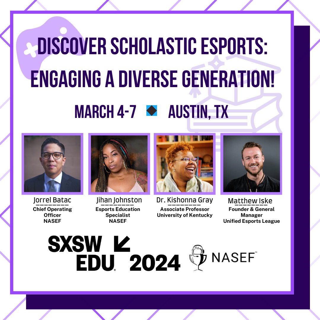 NASEFedu's tweet photo. Don't miss our panel at @SXSWEDU !🎮

Our expert panelists from NASEF, @universityofky, and UnifiedESL will share their experiences working with kids with disabilities, special needs, underserved communities, and at-risk youth through scholastic esports!

#NASEF #SXSW #esports https://t.co/rYtjkXPDtE