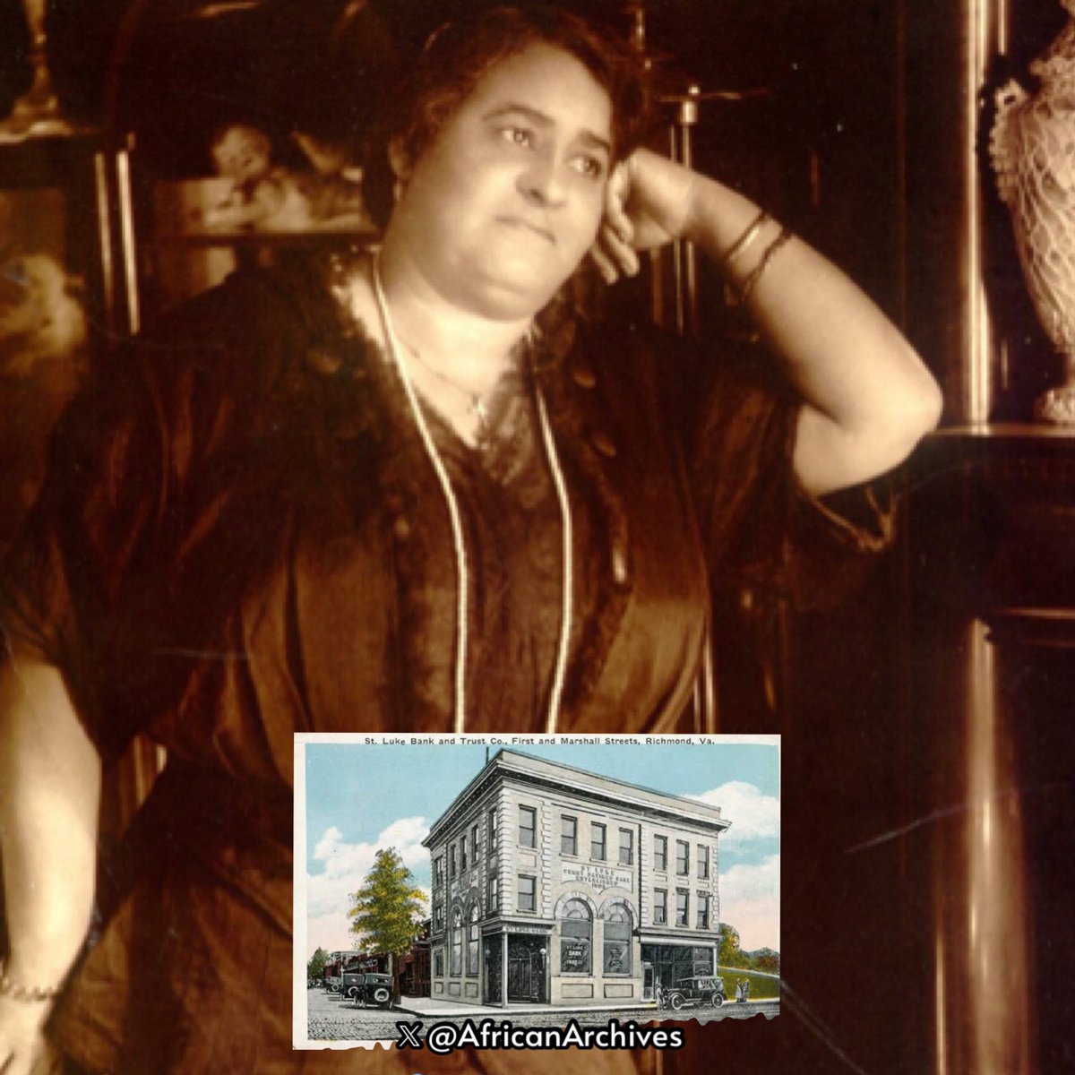 On this day in 1903, Business and civic leader, Maggie L Walker, became the first Black woman to establish a bank in the United States—the Saint Luke Penny Savings Bank in Richmond.

She also  started a department store allowing black customers to shop with dignity: enter through