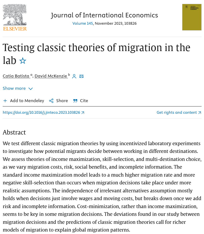 The paper 'Testing classic theories of migration in the lab' by @cbatista_econ @novafrica @novasbe and @dmckenzie001 @WorldBank is now published in the Journal of International Economics (@JIntlEcon) 🔗 doi.org/10.1016/j.jint… #EconTwitter