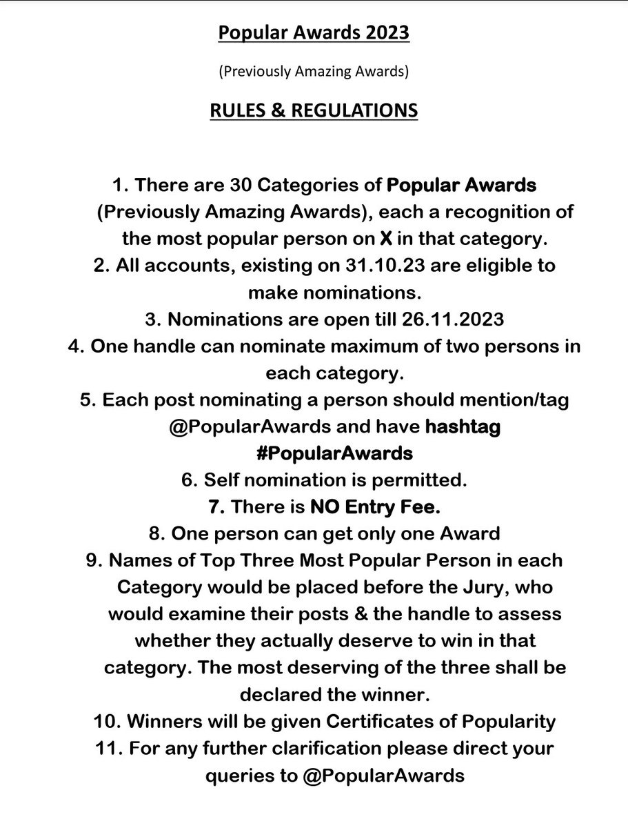 AbidZaidi1's tweet photo. The 6th Annual Popular Awards 2023 (Earlier called: Amazing Awards) is here !
Rules/Regulations &amp; List of Categories are attached. Please go through them carefully &amp; nominate your favourites with hashtag  #PopularAwards
Nominations are open till 26th Nov'23
@PopularAwards https://t.co/SDi78rFWOq
