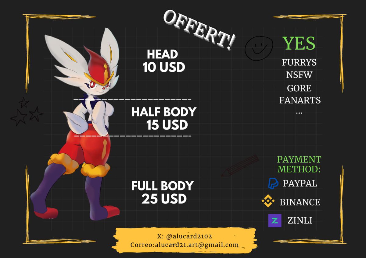 Alucard_JD's tweet image. OPEN COMMISSIONS! 📢📢 prices on offer!
✍🏻Drawing delivery margin 1 week
✍🏻I make sketches and in color.

totally digital and illustrated drawings to your liking 🙌🏻

#commissionsopen #furryartwork #AnimeArt #nsfw #Fanarts #digitalart