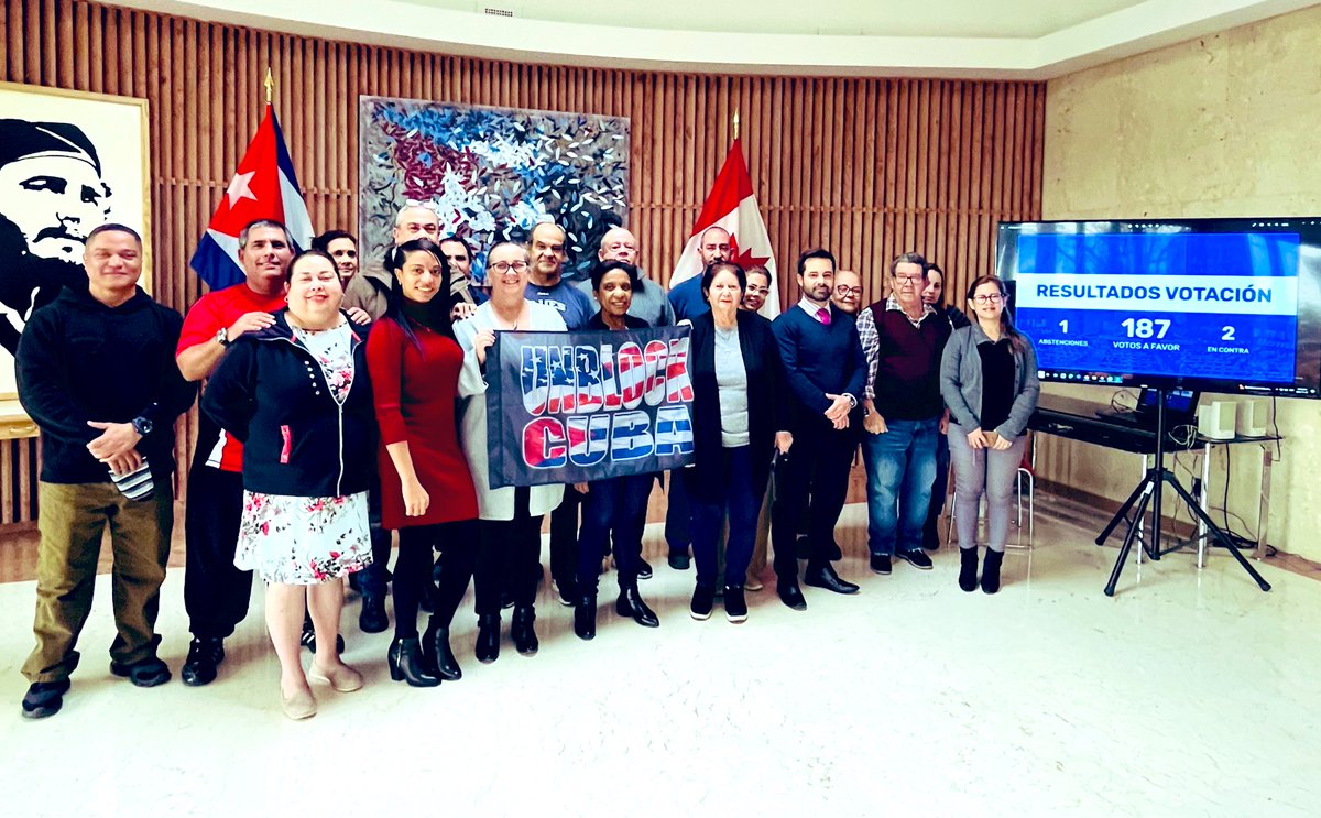 EmbacubaCanada's tweet photo. Contundente victoria de #Cuba con 187 votos a favor de poner fin al bloqueo estadounidense contra nuestro pueblo!
#MejorSinBloqueo 🇨🇺 https://t.co/HjAFAWXhku