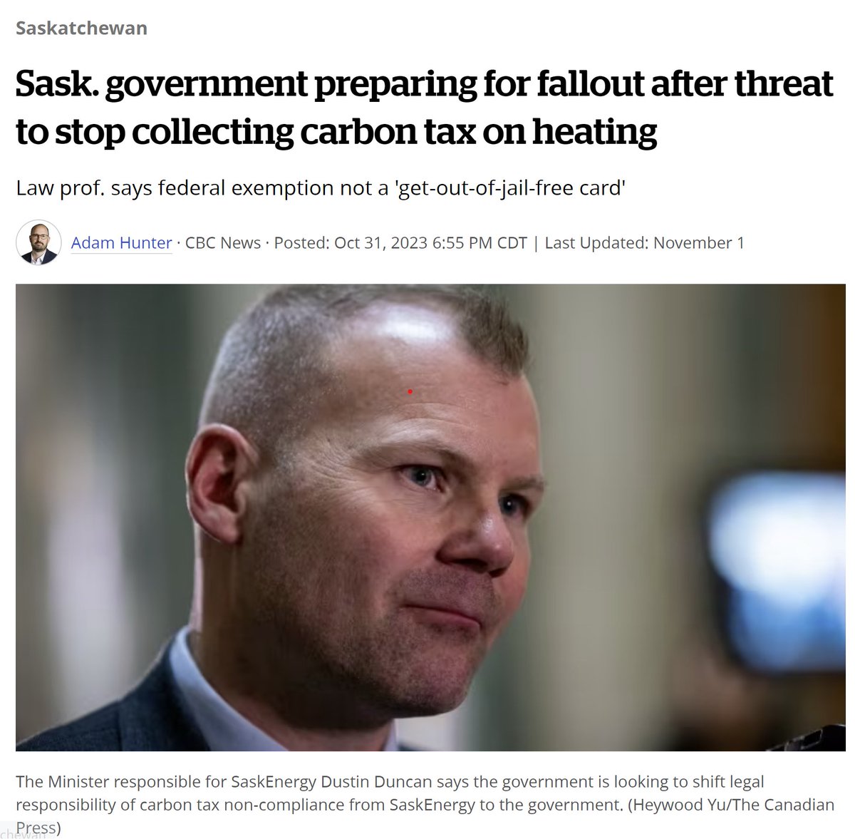 "The premier may not like the legislation, he may not like how it's being administered, but that doesn't give you an opt-out clause....Saskatchewan does not have its own carbon pricing legislation."

Another huge fail by the <a href="/PremierScottMoe/">Scott Moe</a> gov. Now it will cost us millions.
