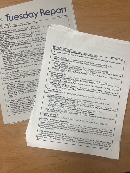 #ThrowbackThursday to these relics we found! Every week, our department produced 'Tuesday Report' which detailed department happenings, news, and events for the week. Nearly 3 decades later, we send out 'Monday Updates.' Some things never change!