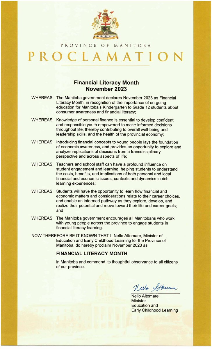 Minister of Education, Nello Altomare, has declared November as Financial Literacy Month in recognition of the importance of ongoing education of MB’s K-12 students on consumer awareness and financial literacy. More information:  bit.ly/3MrpZP8
bit.ly/3MP34gT