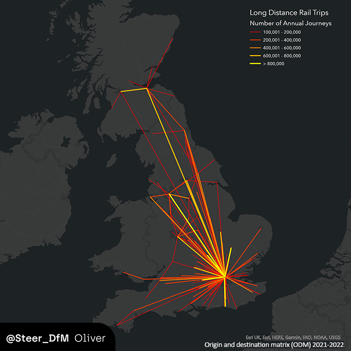 Day 2: Lines
This map uses <a href="/railandroad/">ORR</a> data like day 1 but highlights all +50km and more than 100k annual trips.
Thanks to great colour and grouping choice its easy to see the story here (that most long distance journeys originate in London, but not all) #30DayMapChallenge #rail