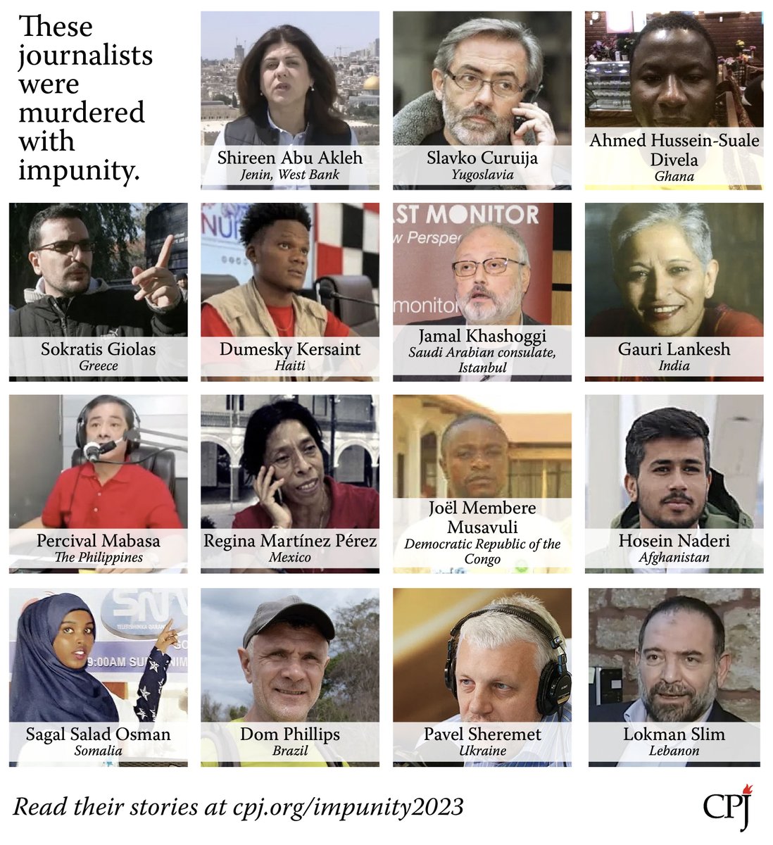 pressfreedom's tweet photo. Today is the International Day to #EndImpunity for Crimes against Journalists.

Impunity in cases of murdered journalists deeply threatens #pressfreedom.

In the last 10 years, 261 journalists were murdered for their work worldwide; 204 of those with complete impunity.

CPJ calls for justice in all cases of journalists killed for their work.

@UNESCO #IDEI #EndImpunity #PressFreedom