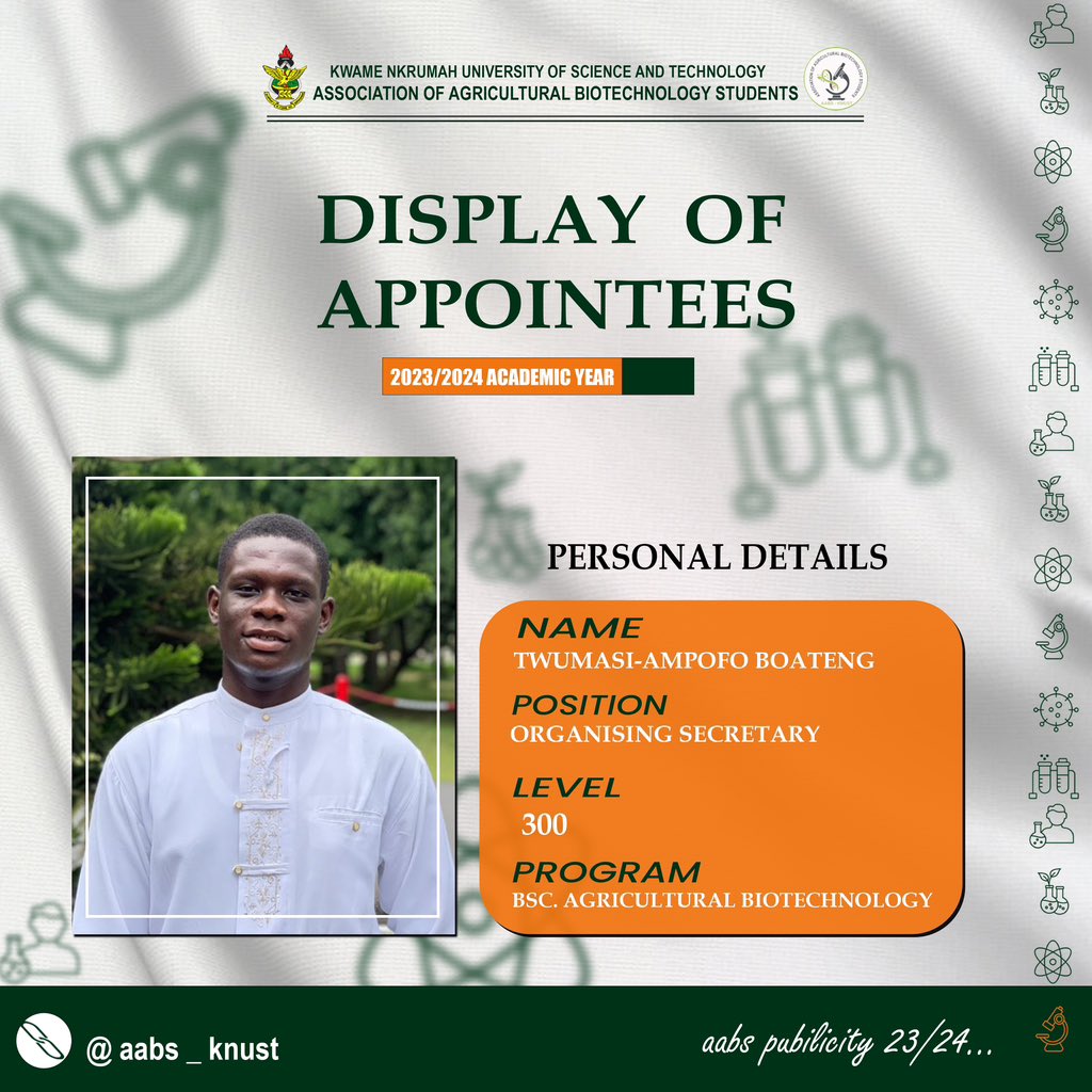 AABS_KNUST's tweet photo. *Dear Esteemed students,*

We are thrilled to extend our warmest congratulations to TWUMASI-AMPOFO BOATENG on appointment as ORGANIZING HEAD📌🔥😎

Serve well🔥🥳

#AABS KNUST
#FASAKNUST 
#CANARSA https://t.co/LyTsj6lgPY